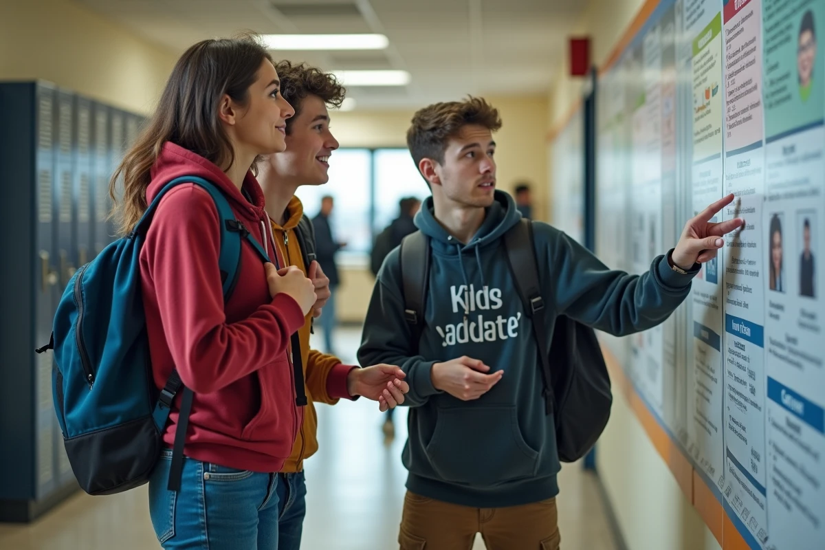 Groupe de jeunes devant un panneau de formations et de métiers dans un couloir scolaire