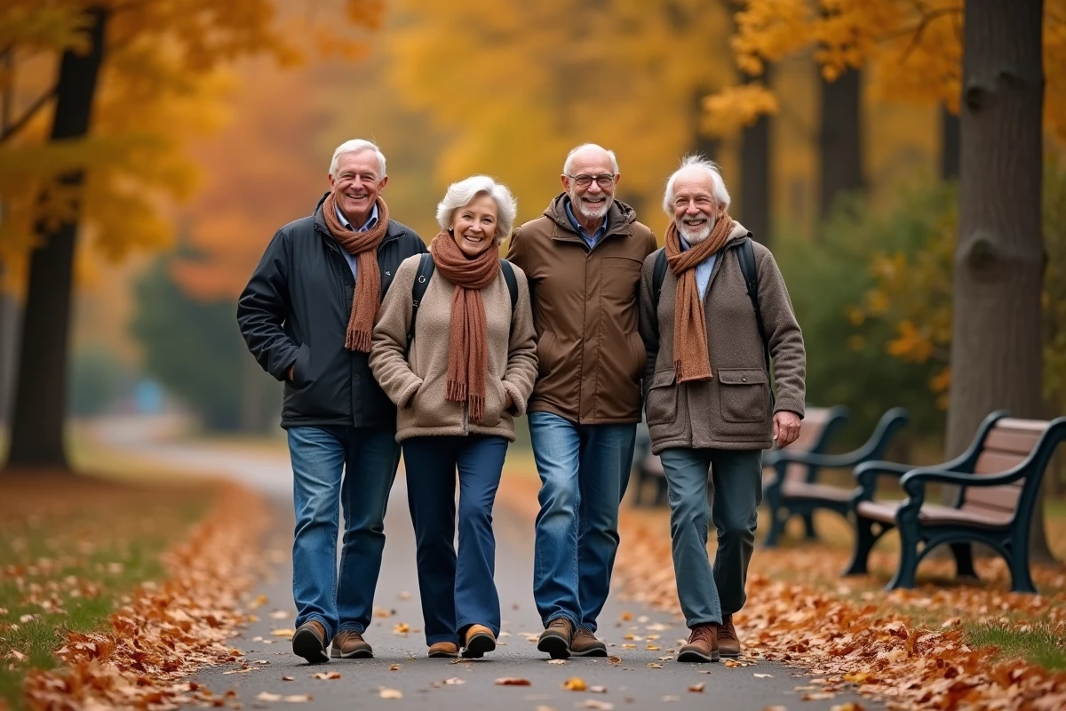 Groupe de seniors marchant dans un parc en automne