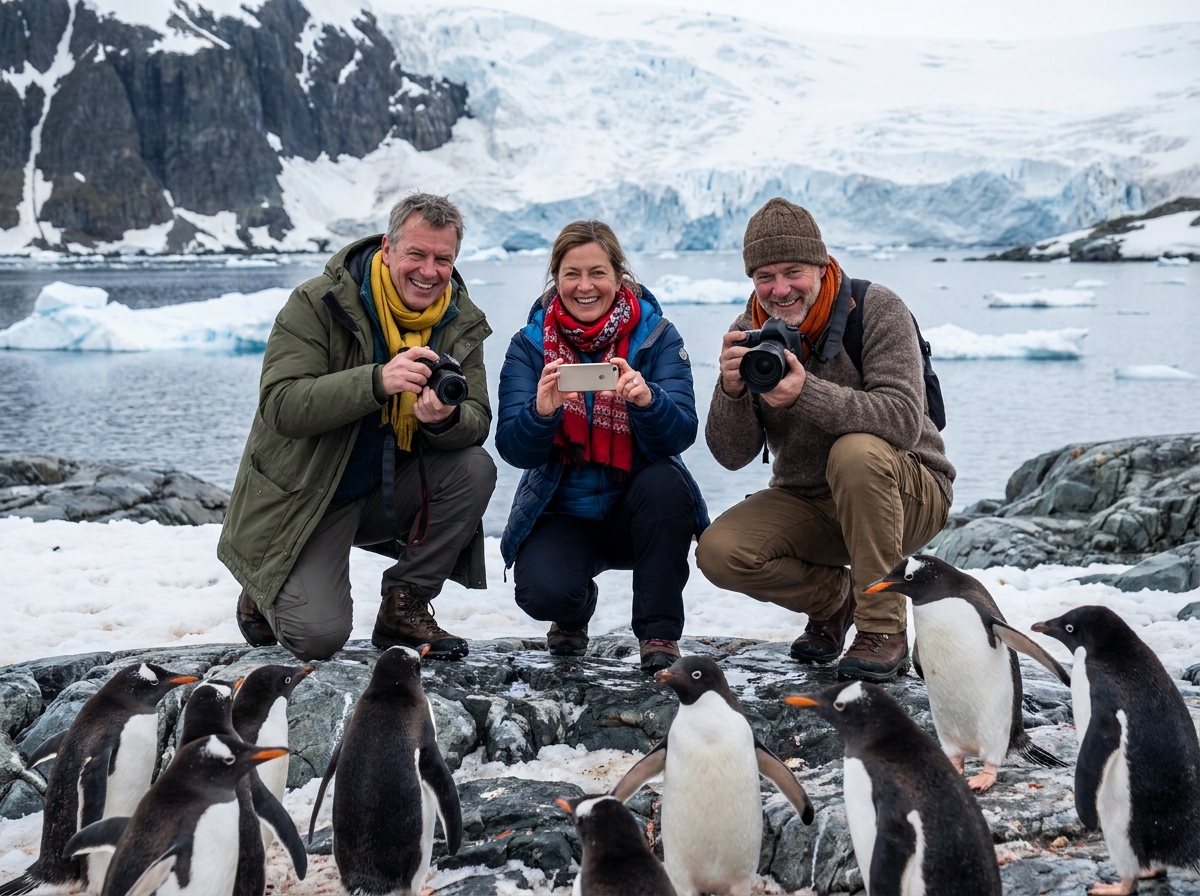 Trois voyageurs photographiant des pingouins sur la côte antarctique