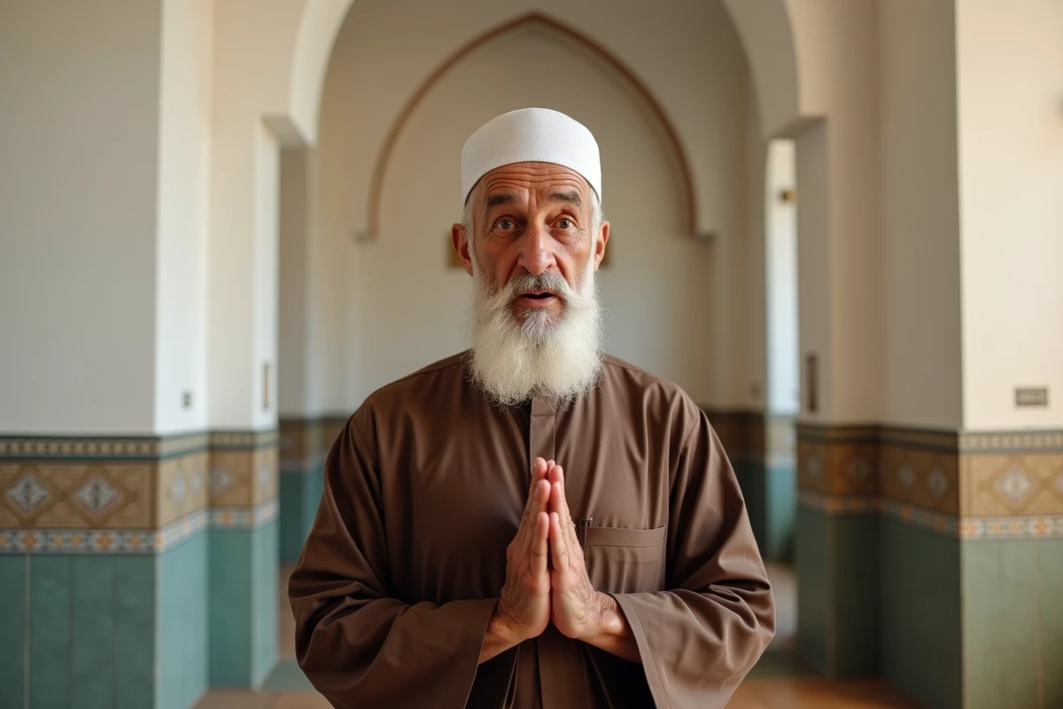 Homme âgé en djellaba debout en prière dans une mosquée de quartier avec des carreaux géométriques