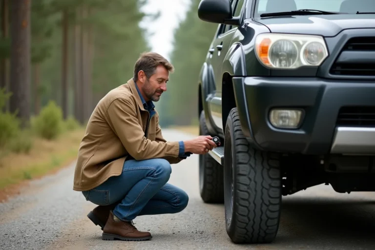Homme vérifiant la pression des pneus d'un SUV en campagne