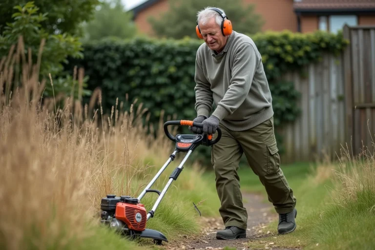 Homme utilisant une débroussailleuse thermique pour entretenir un jardin envahi par la végétation