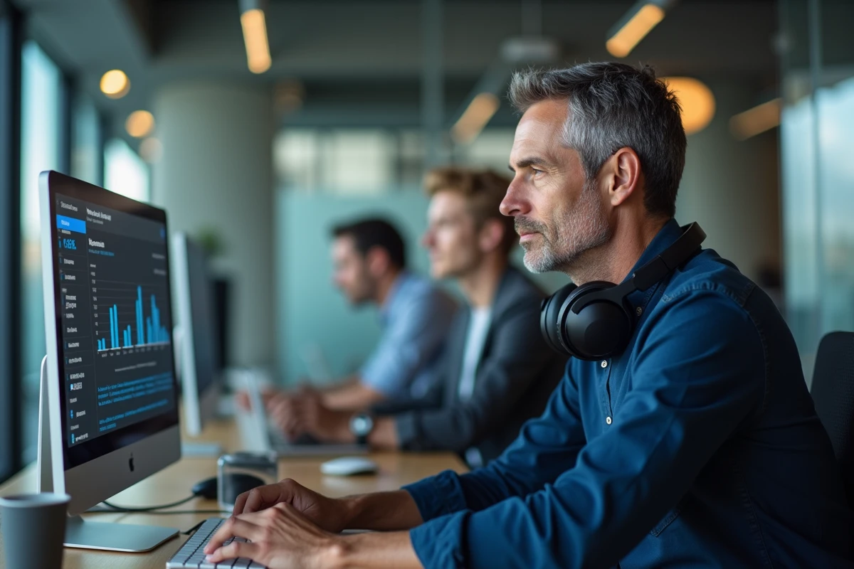 Homme d'affaires en formation professionnelle en ligne dans un espace de coworking contemporain