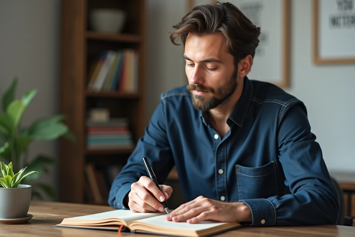 Homme écrivant dans un journal intime à son bureau pour pratiquer la reprogrammation du subconscient en 21 jours