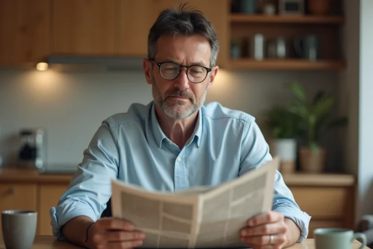 Homme d'âge moyen lisant un journal dans une cuisine moderne