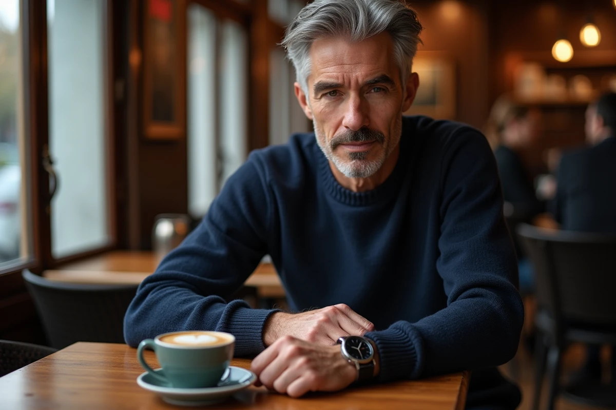 Homme assis dans un café parisien avec une montre portée côté intérieur du poignet