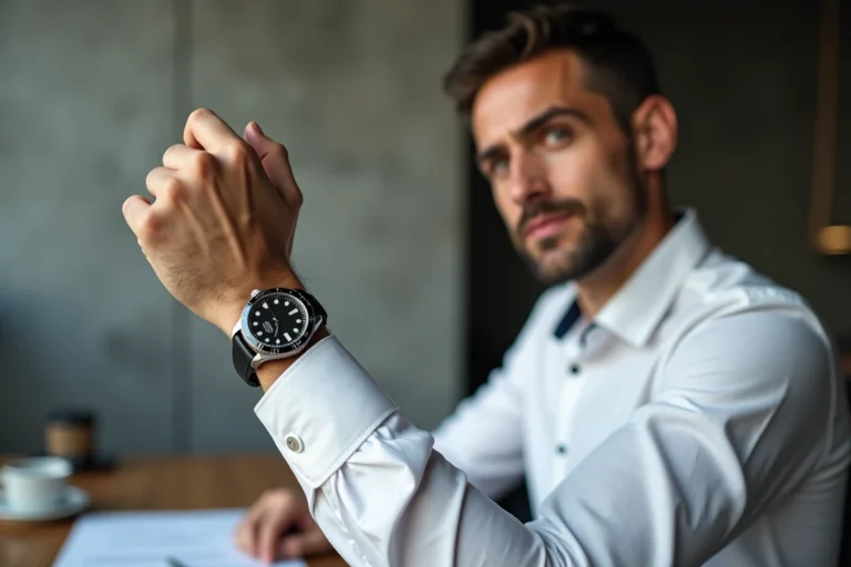 Homme portant sa montre à l'envers sur le poignet intérieur dans un bureau moderne