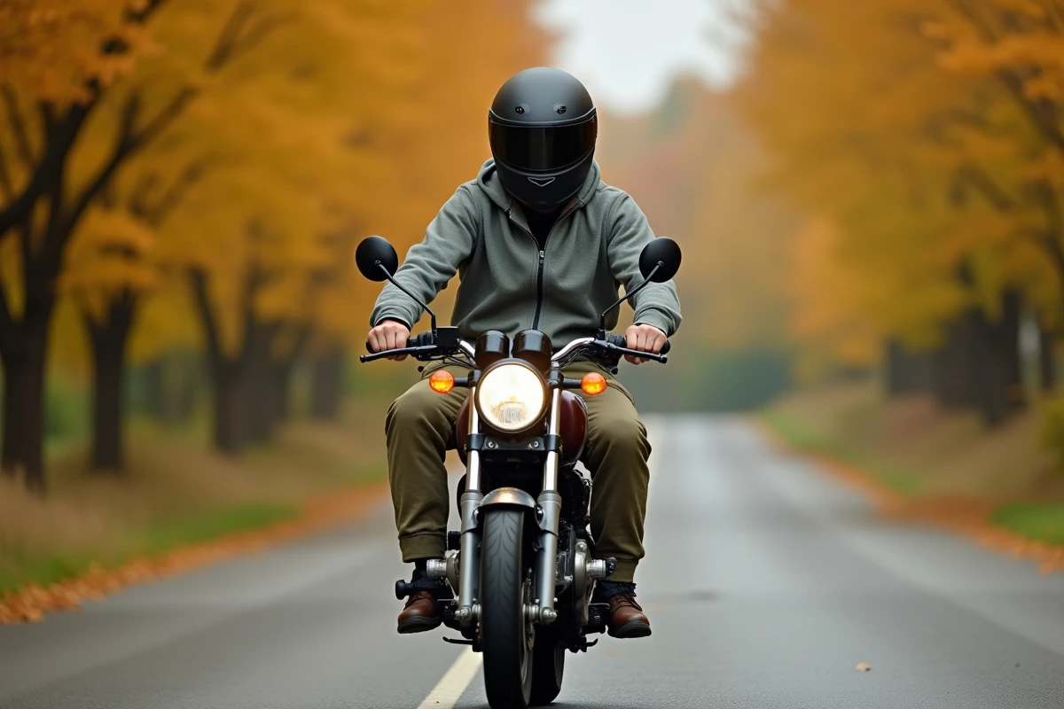 Homme en scooter 125cc sans permis sur une route de campagne aux couleurs d'automne