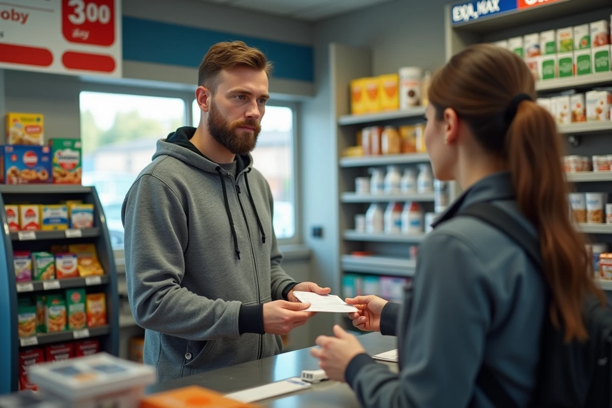 Homme remettant un chèque à la caissière d'une station service lors du paiement du carburant