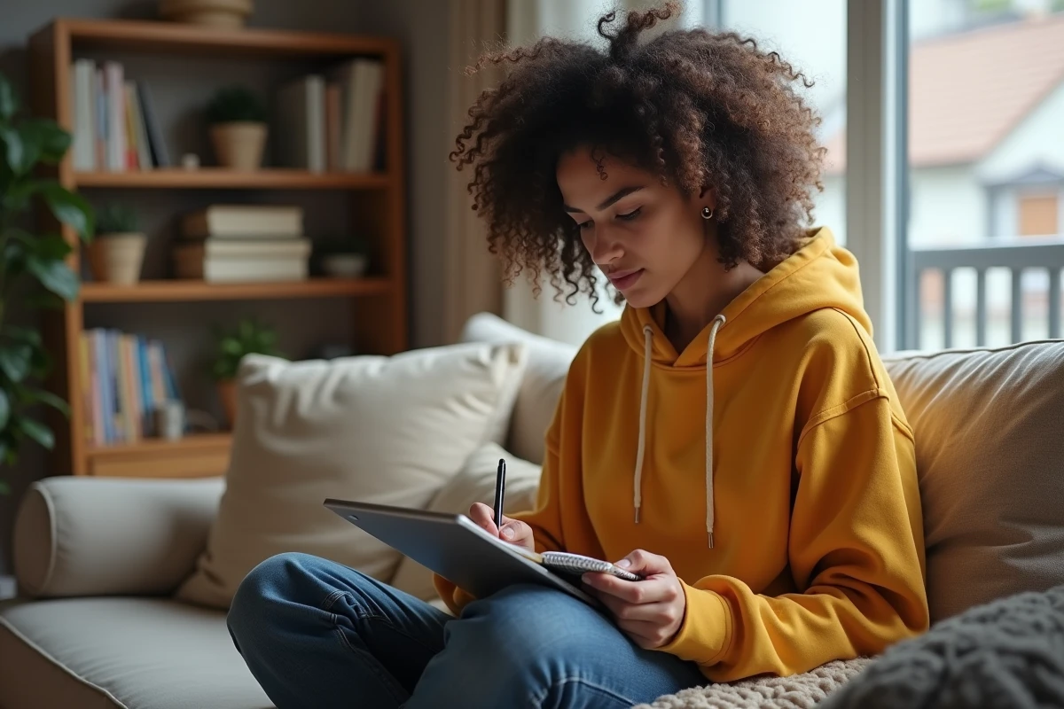Jeune femme prenant des notes pendant une formation en ligne sur tablette depuis son salon