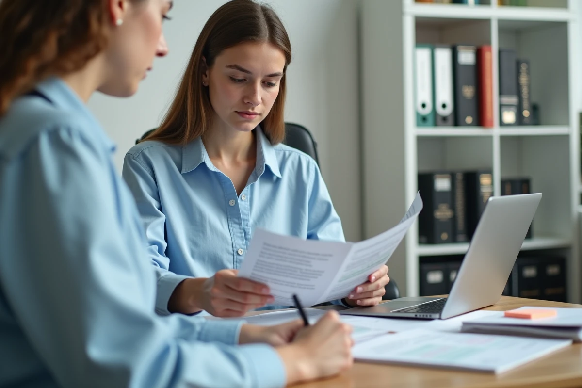 Jeune femme consultant des brochures d'orientation professionnelle dans un bureau universitaire