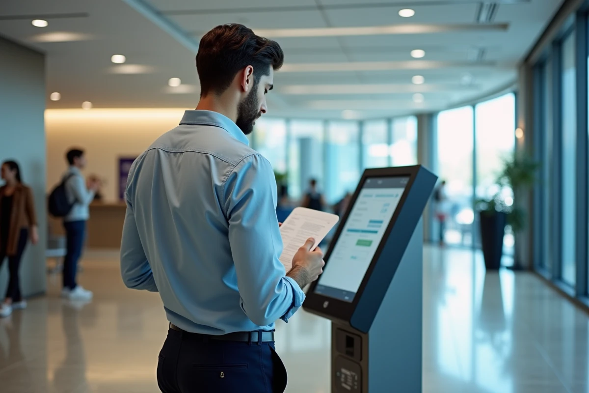 Jeune homme au kiosk bancaire vérifiant un document