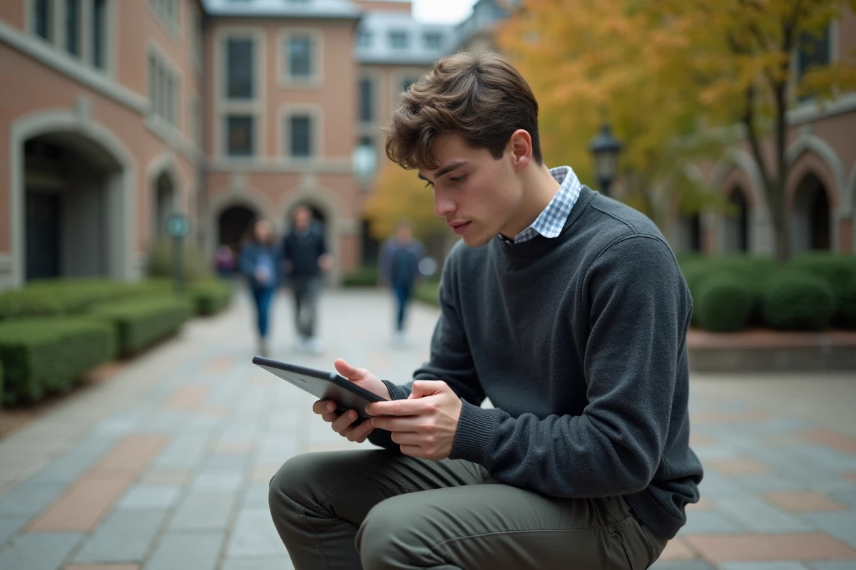 Jeune homme consultant un site d'orientation professionnelle sur une tablette dans une cour de campus