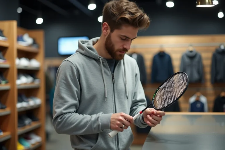 Jeune homme examinant une raquette de badminton au magasin