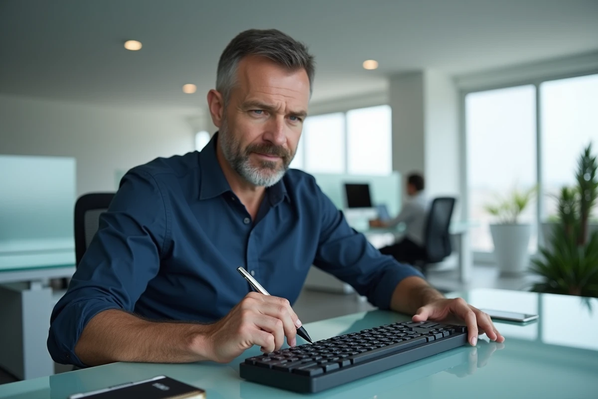 Homme en bureau professionnel indiquant l'emplacement de la touche M sur un clavier QWERTY mécanique