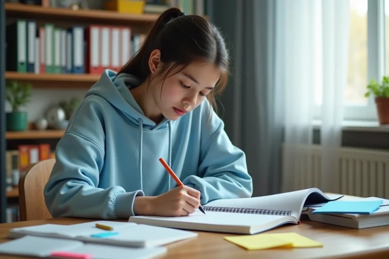 Lycéenne en seconde qui révise ses cours à son bureau avec des manuels scolaires et des fiches de révision colorées