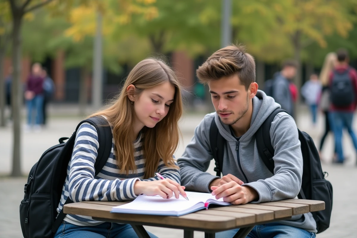 Deux lycéens en seconde qui s'entraident pour réviser leurs cours de mathématiques dans la cour du lycée