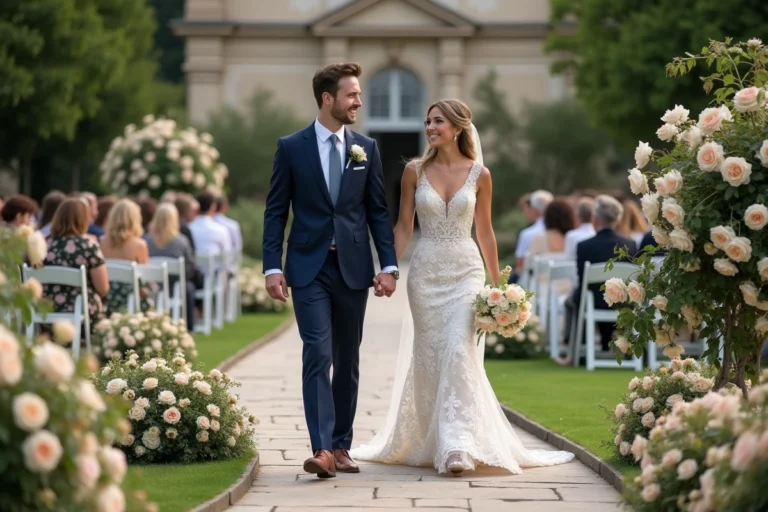 Jeune couple de mariés dans un jardin fleuri lors d'un mariage en plein air