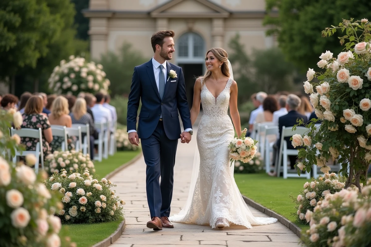 Jeune couple de mariés dans un jardin fleuri lors d'un mariage en plein air