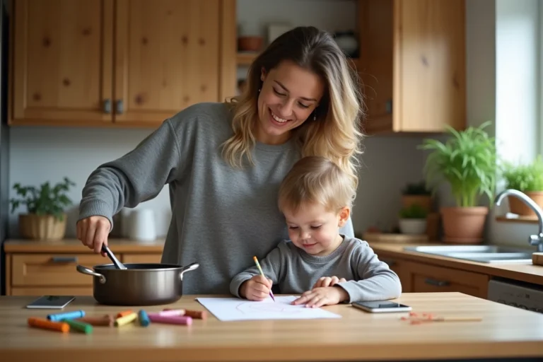 Mère multitâche dans sa cuisine aidant son enfant tout en cuisinant, illustrant les astuces quotidiennes pour les parents