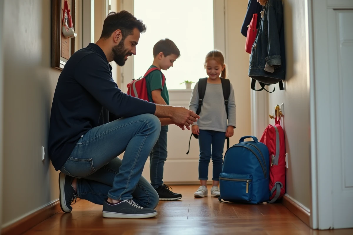 Père aidant ses enfants à préparer leurs sacs d'école dans le couloir d'entrée, astuces organisation familiale quotidienne