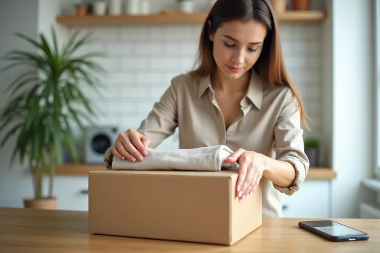 Jeune femme préparant un colis pour un envoi via une application de livraison entre particuliers comme Vinted Go ou Mondial Relay