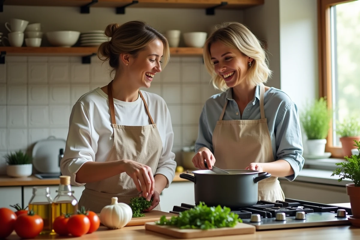 Deux amies préparant ensemble un repas convivial dans une cuisine familiale, entourées d'ingrédients frais et de matériel de cuisine