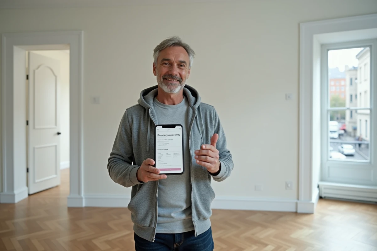 Propriétaire vérifiant les conditions de publication d'annonce sur PAP depuis son smartphone dans un appartement vide