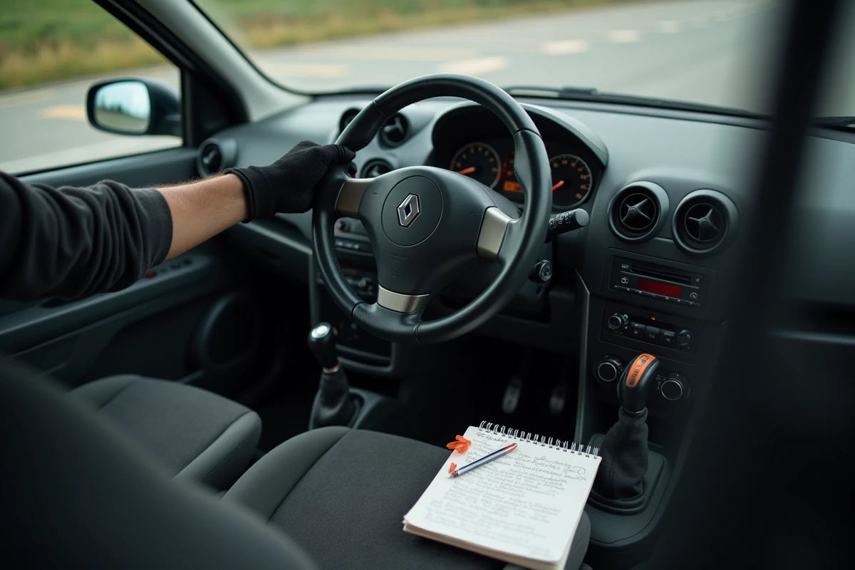 Gros plan sur le tableau de bord d'une Clio 3 Phase 2 avec réinitialisation du voyant de service par un mécanicien ganté