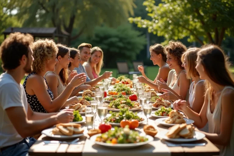 Groupe d'amis réunis autour d'une grande table en bois pour un repas convivial en plein air, partageant des plats généreux dans un jardin verdoyant