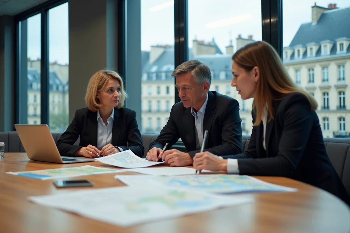 Réunion stratégique de conseillers politiques autour d'une table de conférence avec documents officiels à Paris
