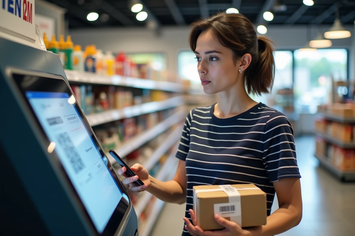 Femme scannant une étiquette de livraison Vinted Go dans un relais colis en magasin pour expédier un vêtement
