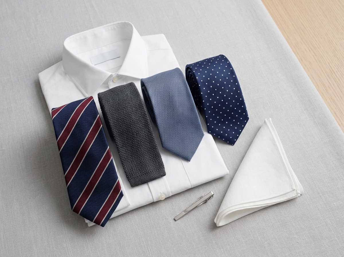 Sélection de cravates de bureau en soie et laine présentées en flat lay avec chemise blanche et pince à cravate