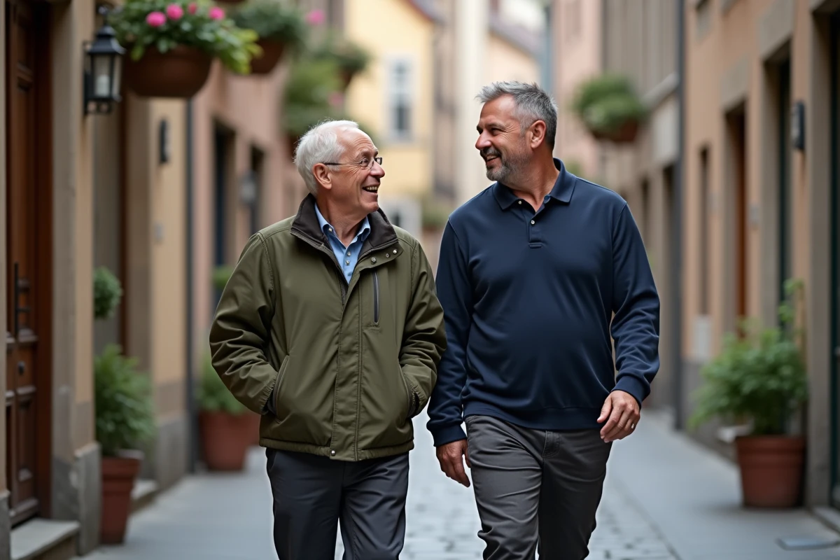 Un senior se promenant avec un accompagnateur professionnel dans les rues historiques de Strasbourg