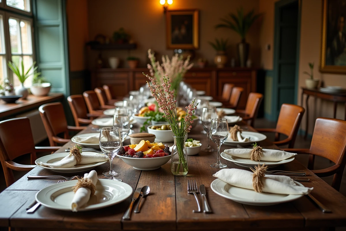 Table dressée avec soin pour dix convives, ornée de vaisselle vintage, de fleurs fraîches et d'assortiments d'entrées pour un repas convivial entre amis