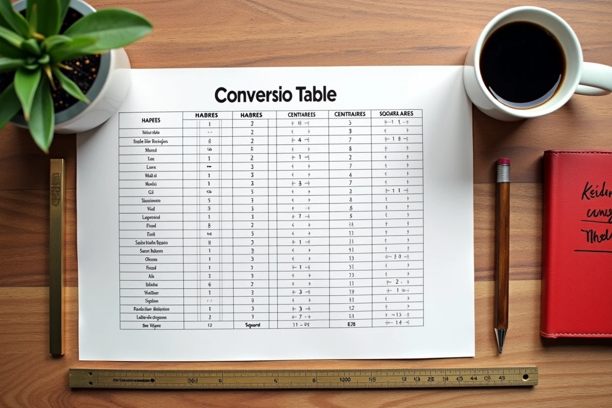 Vue de dessus d'une table avec tableau de conversion hectares ares centiares mètres carrés et outils de mesure