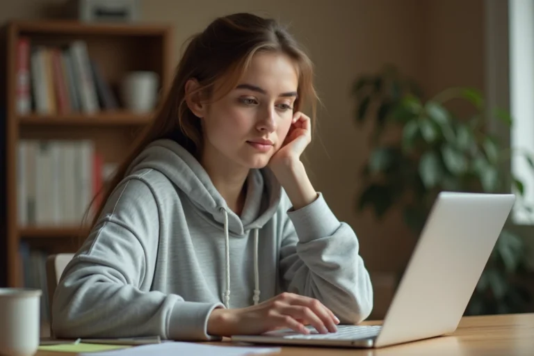 Jeune femme cherchant la touche M sur un clavier QWERTY dans un bureau à domicile