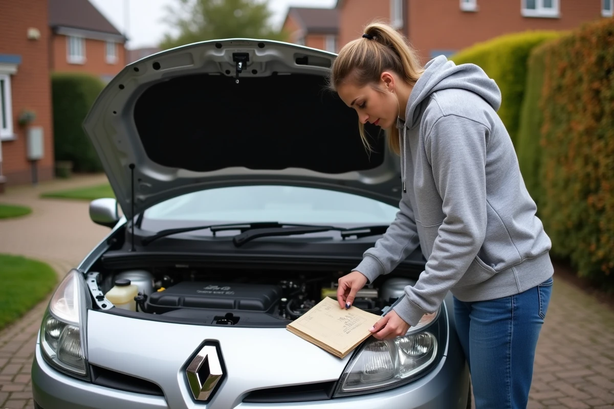 Femme vérifiant le niveau d'huile moteur d'une Clio 3 Phase 2 argentée dans une allée résidentielle en automne