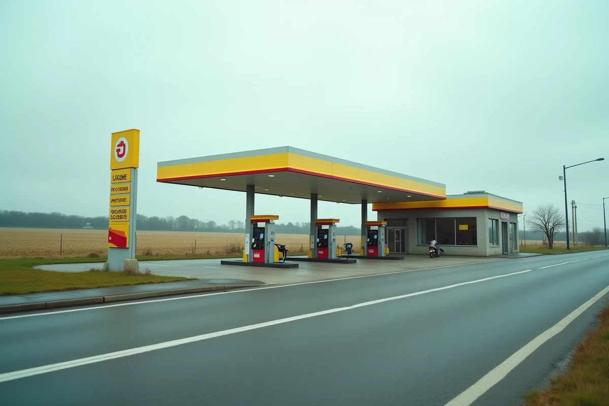 Vue extérieure d'une station service en zone rurale avec panneau indiquant l'acceptation des chèques vacances